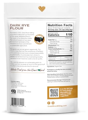 ORGANIC DARK RYE FLOUR BY GREAT RIVER MILLING, WHOLE GRAIN RYE FLOUR FOR BREAD, SOURDOUGH STARTER, CERTIFIED KOSHER, NON GMO, 20 OZ. (PACK OF 1)