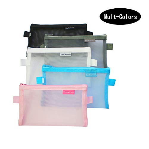 Kinhshion Clear Pencil Case,Mesh Zipper Pouch, Cosmetic Case Makeup bag Office Supplies and Travel Accessories,5 PCS 5 Colour. (605)