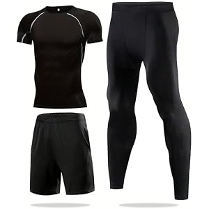 Men's 3-Piece Workout Set, Quick-Dry Compression Shirt + Leggings + Shorts, Athletic Gym Running Track Suit