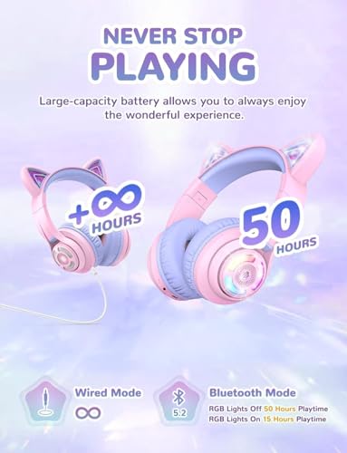 iClever BTH13 Bluetooth Kids Headphones, Cat Ear LED Light Up Wireless Kids Headphones with Volume Limited (74/85dBA), 50H Playtime, Children Headphones with MIC Over Ear for School/Tablet/PC