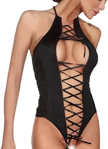 OOEOO Sexy Muslin Bandage Underwear Spice Temptation Lace up Crotchless Teddy Nightie (Black, L)