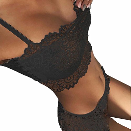 Lingerie Sets Women Sexy Lingerie Lace Corset Lace Push up Top Bra+Pants Set Sleepwear Plus Size Lingerie (L, Black)