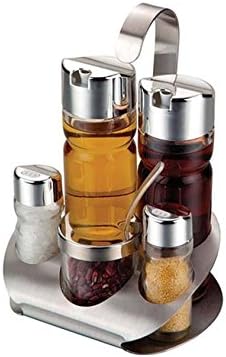 GONGFF Glass Cruet Set With Stand Oil Vinegar Dispenser Salt And Pepper Shaker Bottles Serving Set Picnic Table Condiment Server Holder, 5 Piece