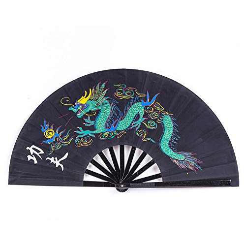 1SourceTek Large Folding Fan Nylon Cloth Handheld Folding Fan Chinese Kung Fu Tai Chi Fan Decoration Fold Hand Fan for Party Favors (Dragon)
