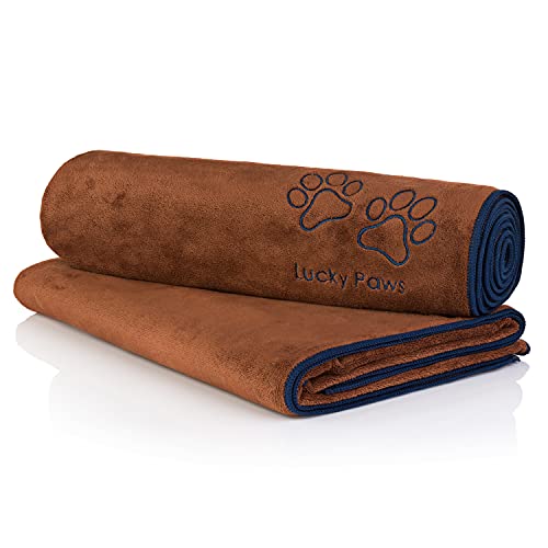 Lucky Paws® Dog Towel – Extra Large 140 x 70cm - UK Based Seller - Super Absorbent Microfibre Towel - Fast Drying - Super Soft - Premium Pet Towels (Pack of 2, Brown/Blue)