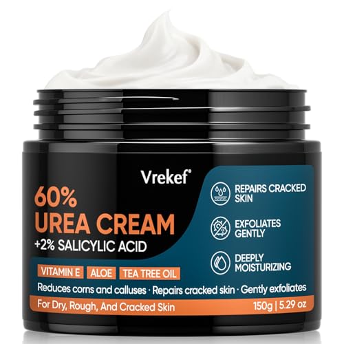 VREKEF Urea Cream 60% Plus Salicylic Acid 2%, Urea Cream 60 Percent for Feet Maximum Strength, Foot Cream for Dry Heels Cracked