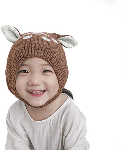 RoyLink Baby Girl Boy Kids Toddler Winter Hat Warm Knitted Wool Thick Earflap Crochet Funny Deer Beanie Cap (Brown)