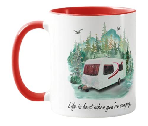 Vixar Caravan Campervan Life is Best When You're Camping, Holiday, Ceramic Mug Cup Coloured,11oz, Novelty Gift, Joke (Red)
