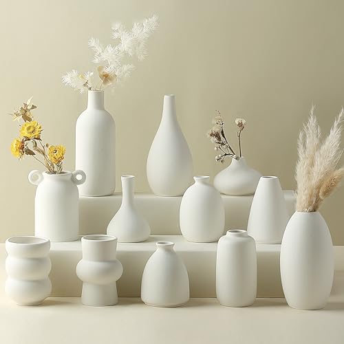 Photo 1 of Parlamain Set of 12 White Ceramic Vase for Pampas Grass Flowers, Japandi Small Vases in Bulk for Wedding Centerpieces, Shelf and Table Decorations, Living Room and Bedroom Decor, DIY Gift