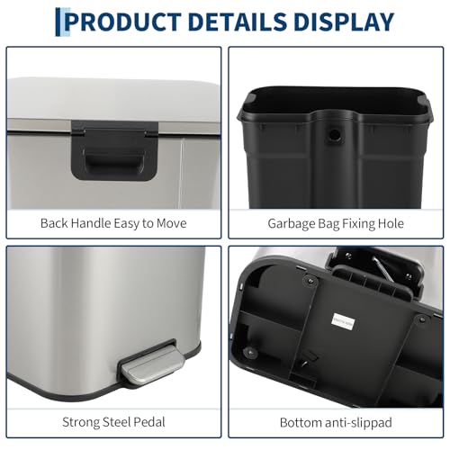 12L Stainless Steel Trash Can for Kitchen, Office, Bathroom – Rectangular, Soft-Close Lid, Foot Pedal, Removable Bucket, Fingerprint-Proof, Space-Saving,Silver