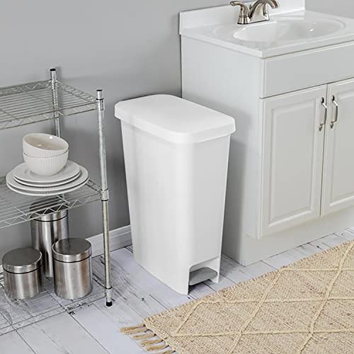 Sterilite Slim Trash Can with Lid, Step On 11 Gal White Kitchen Garbage