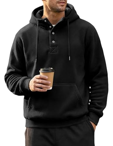 JMIERR Men's Fleece Quarter Button Hoodie Pullover, Black, S - Used condition - US$22.27