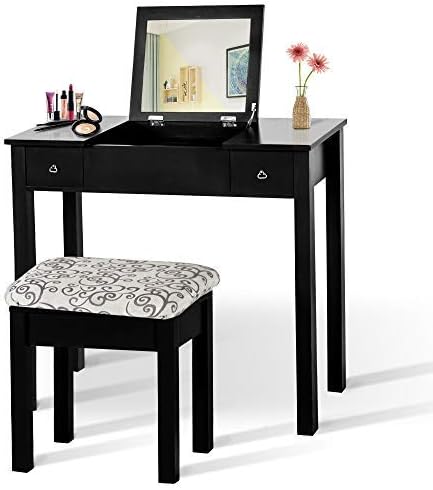 Homevibes Vanity Makeup Table Set with Drawers Girls Dressing Table Bedroom Make Up Desk with Flip Top Mirror and Cushioned Stool for Women Children, Black