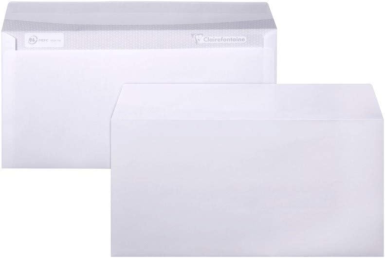 Clairefontaine 6915C, Box of 500 Envelopes, Size: DL- 110x220mm, Self-Adhesive, 90g/m², White Colour, Correspondence, PEFC
