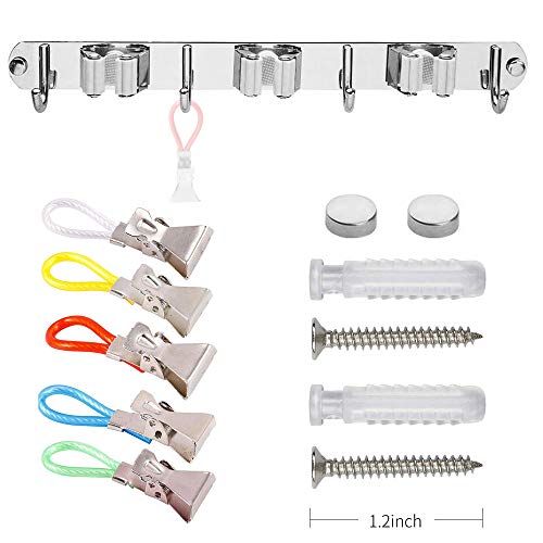 GUUKIN Broom and Mop Holder Wall Mount, Garage and Garden Tools Organization and Closet Storage, Stainless Steel Tool Rack with 3 Racks 4 Hooks for Kitchen, Bathroom, Laundry with 5 Tea Towel Clips
