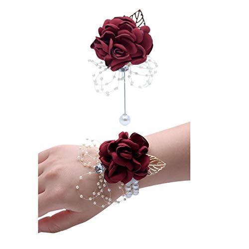 Wedding Wrist Corsage Brooch Set Flower Bead Bracelet Bridesmaid Prom Party JW72 (D)