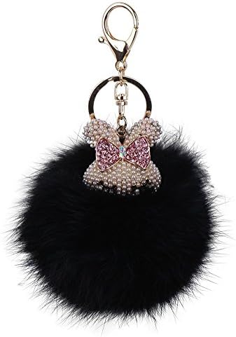 LORJE Cute Rabbit Head with Artificial Fox Fur Ball Pompoms Keychain Bag Charm Black