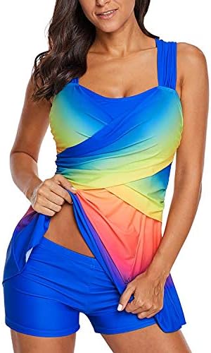 Douremifa Women Two Pieces Swimdress Color Block Tankini Swimsuit Bathing Suit with Shorts