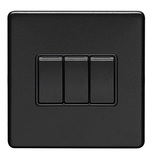 3 Gang 10Amp 2Way Switch Flat Concealed Matt Black Plate Black Rockers — image 1