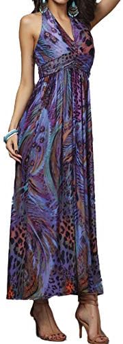 WenHong Women's Bohemian Peacock Tail Hawaiian V-Neck Long Beach Dress Sundress