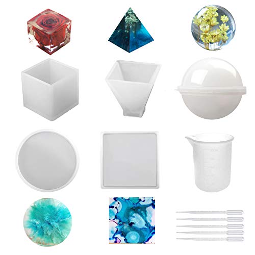 Silicone Resin Molds 5Pcs Resin Casting Molds Including Sphere, Cube, Pyramid, Square, Round with 1 Measuring Cup & 5 Plastic Transfer Pipettes for Resin Epoxy, Candle Wax, Soap, Bowl Mat etc