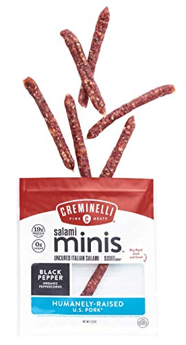 CREMINELLI Black Pepper Salami Mini Snacks, Humanely-Raised U.S. Pork, Keto & Paleo Friendly, 19g of Protien - Sugar Free, Gluten Free, No Added Nitrates or Nitrites (Black Pepper, 2.6oz Singles)