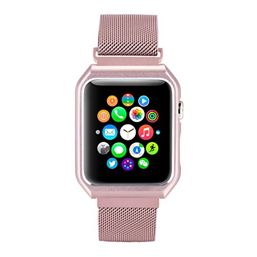 AHXLL Apple Watch Mesh Milanese Loop stainless Steel Replacement iWatch + Metal Protective case for Apple Watch Series 3, Series 2, Series 1, Sport& Edition (Rose Gold, 42MM)