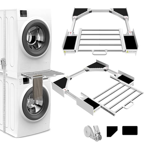NIUXX Universal Stacking Kit for Washer and Dryer - Adjustable Stacker Frame for 53-68 cm Tumble Washing Machine - Stackable Sliding Shelf with Ratchet Ropes & Anti Vibration Feet