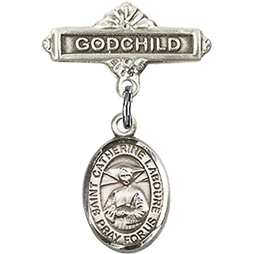 Sterling Silver Baby Badge with St. Catherine Laboure Charm and Godchild Badge Pin 1 X 5/8 inches