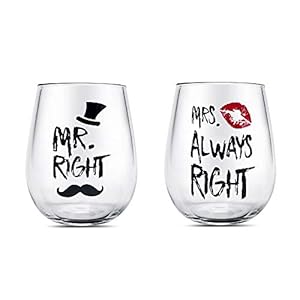 Pareja de gafas, Mr Right Mrs Always Right Tazas de vaso de vino, Regalos de copas de vino para pareja aniversario,Regalos para mujeres,Despedida de soltera,Compromiso, Navidad Día de San Valentín