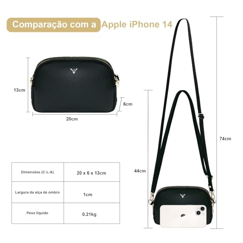 Bolsa Transversal Feminina em Couro Vegano, 3 Compartimentos com Zíper, Alça Ajustável
