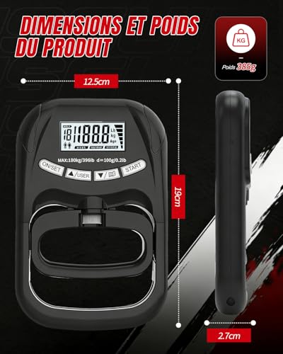 USB C Rechargeable Digital Hand Dynamometer, High Precision Grip Strength Tester 180kg, Intelligent LCD Display, 19 User Memory, for Sports, Rehabilitation and Health