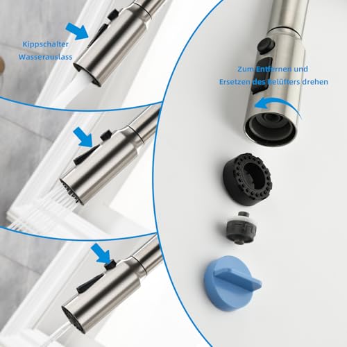 Mynaiad 3-Way Kitchen Tap with Removable Dual Outlet Water Filter, 360° Rotation, Kitchen Sink Tap, Kitchen Mixer, Brushed 304 Stainless Steel