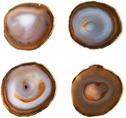 Roca Moda One-of-a-Kind Natural Stone Agate Coaster with Rubber Bumpers, Set of 4, Gold-Plated Side