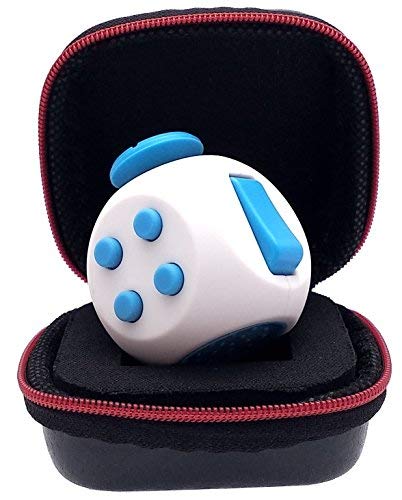 PILPOC theFube Fidget Cube - Deluxe Authentic Fidget Toys for Adults & Kids - Premium Protective Case, Stress Cube, Anxiety Toys, ADHD, OCD, Autism. Quiet Sides & Fidget Clicker Toy (White & Blue)