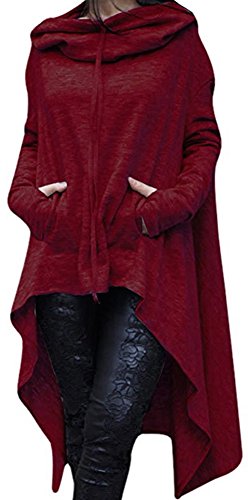 Women Long Sleeve Chic Iregular Hem Hi-lo Loose Pocket Hoodie Thumbhole Pullover, Wine Red, 18W-20W