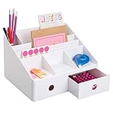 mDesign Plastic Home Office Storage Bin Desk Organizer for Desktops, Tables, Work Spaces - Holds Scissors, Pens, Markers, Highlighters, Tape, Folders, Note Pads, Supplies - 2 Drawers - White