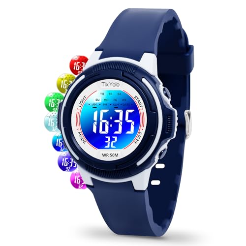 TixYolo Digital Kids Watch with 7 Color Lights 50M Waterproof,Alarm,Stopwatch,Soft Strap,Children Gifts Sports Watch for Boys Girls 5-12 Years