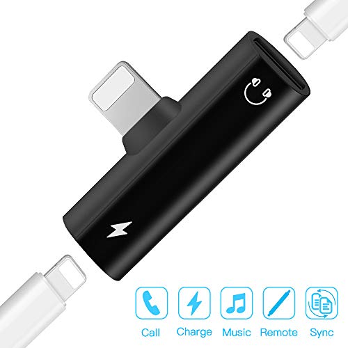 Dual Port Adapter & Splitter, Koolpod 2 in 1 Headphone Audio & Charge Dongle Compatible for Phone XS, XS Max, XR, X, 8/8 Plus, 7/7 Plus, Supports i-OS 10 11 12 or Later – Black