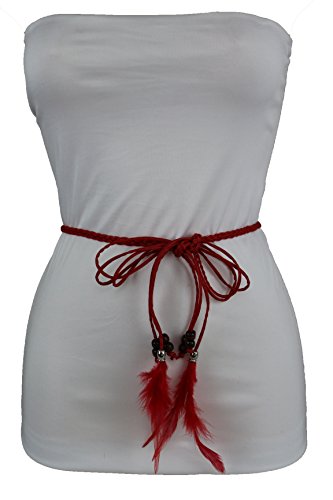 TFJ Women Bohemian Fashion Wrap Tie Belt Hip High Waist Skinny Red Fabric Feather S M L