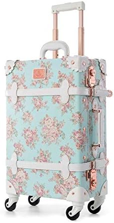 Spinner Wheels Retro Pu Leather Blue Floral Suitcase Women Trunk TSA Vintage Luggage
