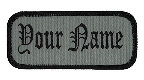Name patch Uniform or work shirt personalized Identification tape Embroidered Iron On or Hook Fastener, Black/Graphite Grey Old English, Iron On