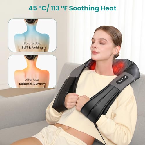 Nekteck Shiatsu Neck Massager with Heat for Pain Relief Deep Tissue, 2026 Upgraded 3D Back Shoulder Kneading Massage Pillow, Relaxation Gifts for Mom Dad Father's Day, Black(NOT Cordless)