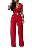 HOTAPEI Women V Neck Belted Sleeveless Wide Leg Jumpsuit XL Red
