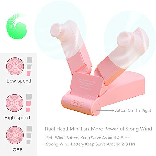 Dual Head Mini Handheld Fan, Personal Portable Fan USB, Small Pocket Foldable Desk Fan for Home Office Traveling Or Hiking, Lithium Battery Operated Rechargeable Patented Degisn, Pure Pink.