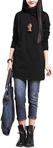 ES Women's TurtleNeck Tunics Tops Casual Long Sleeve Loose T-Shirt Dress (Black)