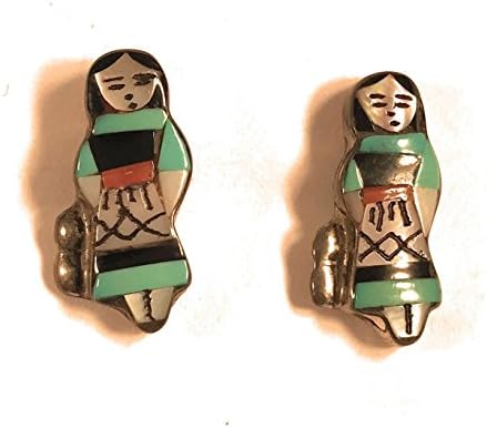 Vintage Zuni Maiden Doll Sterling Multi Stone Inlay Post Earrings Signed