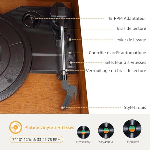 9 in 1 Turntable with Bluetooth, AM/FM Radio, CD and Cassette Player, USB Playback, Remote Control, Built-in Speakers, Vintage Turntable