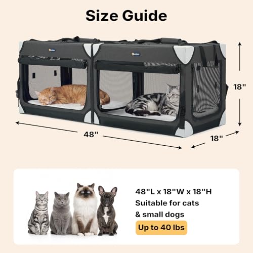 Veehoo Separable Double Cat Carrier for 2 Cats, 2-in-1 Foldable Pet Travel Carrier for 2 Small Dogs, Portable Soft Cat Crate for Indoor Outdoor, with Foldable Litter Box & Bowls, 120×43×43 cm, Black