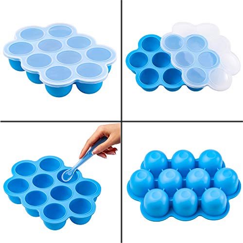 FERMINI-Food-Freezer-Tray-and-Food-Storage-Container-with-Silicone-Clip-on-Lid-Easy-OutStorage-Container-1-Spoon-for-Homemade-Baby-Food-Vegetable-Fruit-Purees-and-Breast-Milk-Blue